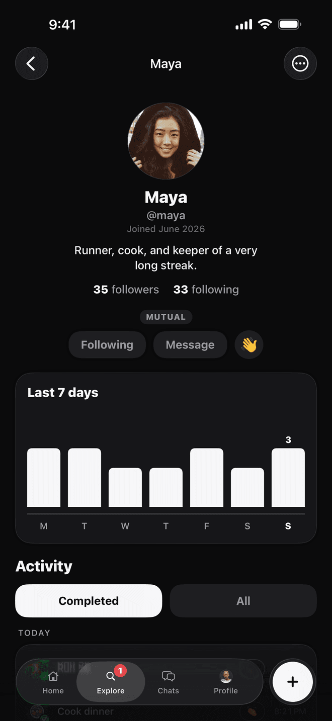 A person's profile in Kudos: their photo, streak, followers, a Following and Message button beside a wave, a chart of their last seven days, and the tasks they have completed today.
