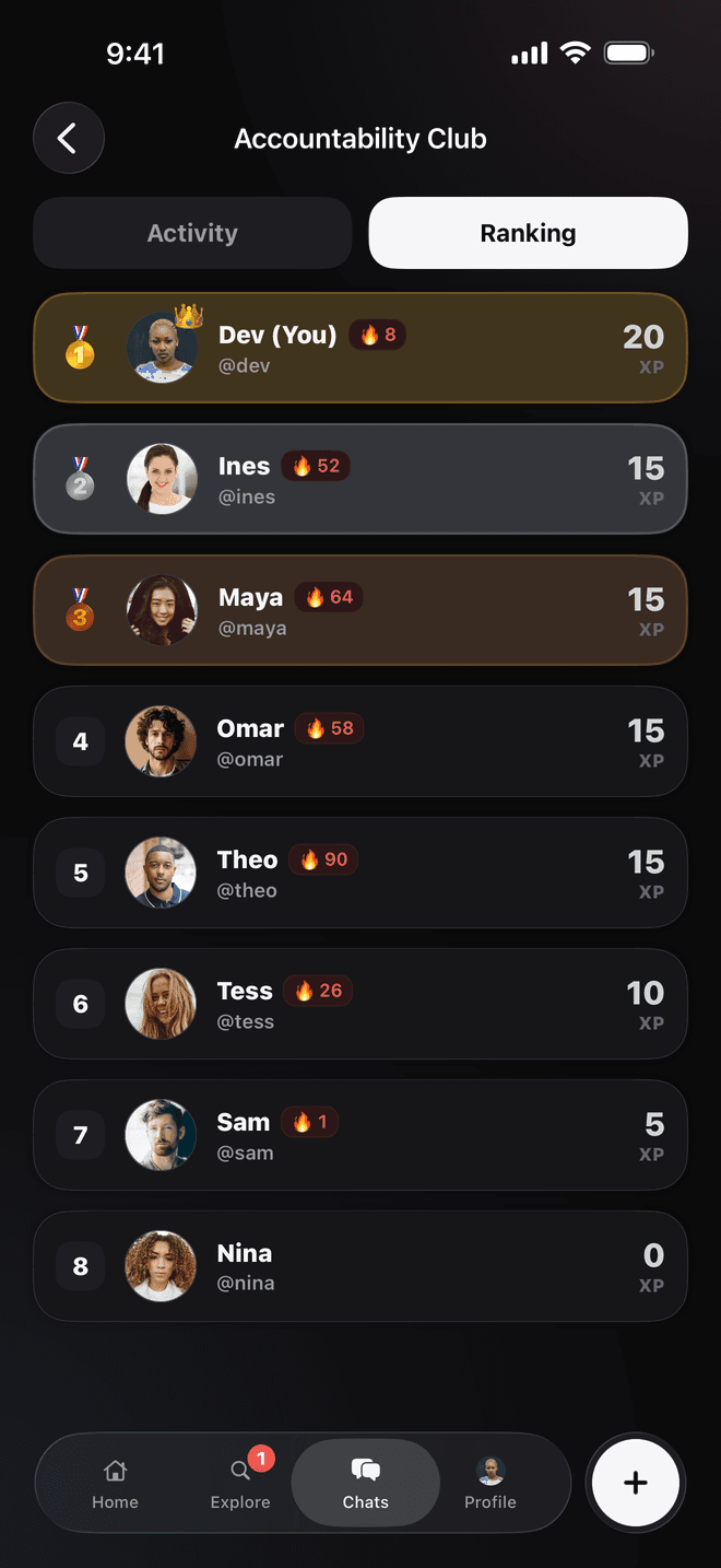 A Kudos accountability group ranked by today's XP.