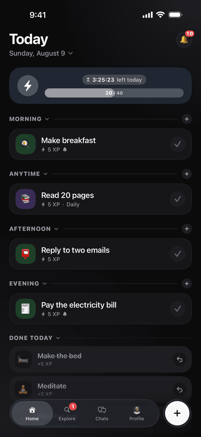 The Kudos Today screen: a day's tasks grouped into morning, anytime, afternoon, and evening, each with an emoji, an XP value, and a tick to complete it.
